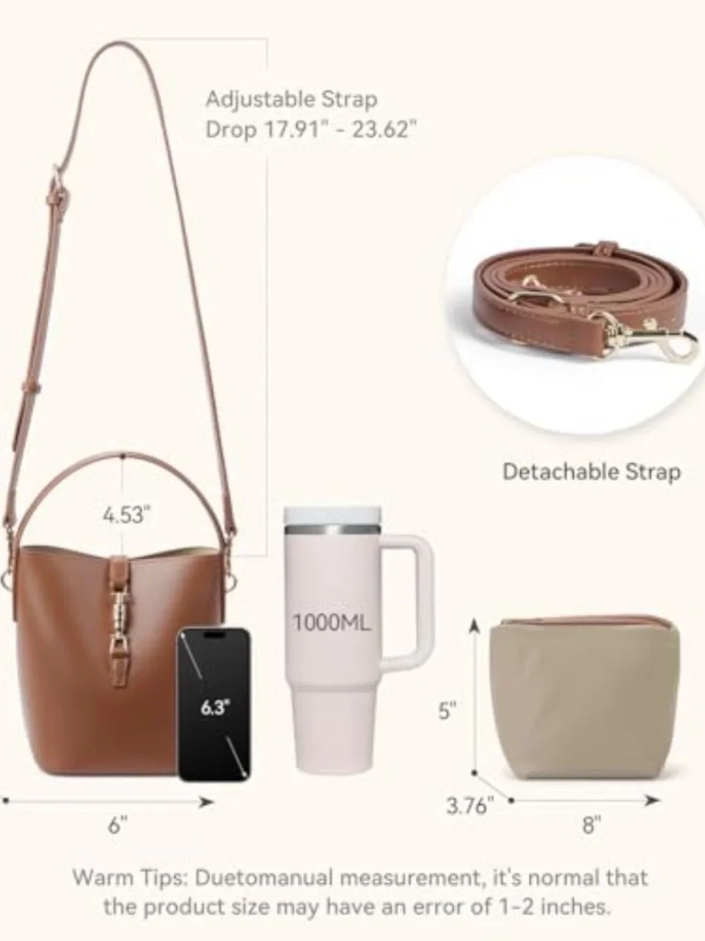 Small Vegan Leather Bucket Bag Crossbody Shoulder Purse Handbag